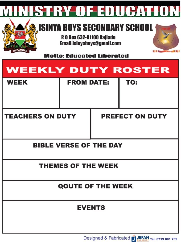 SCHOOL DUTY ROSTER BOARD,  WALL MOUNTED, 4FT X 3FT